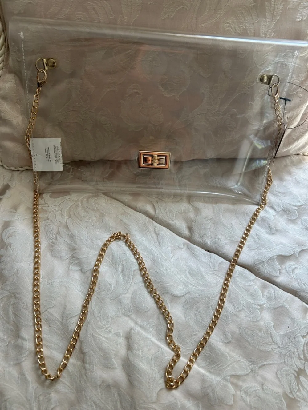 NWT. Clear Vinyl Crossbody Stadium Bag with Removable Gold Chain Strap